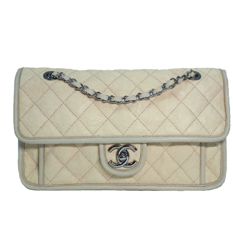 Chanel 15702584 Off-White/ Beige Soft Caviar Distressed Small Riviera Flap Bag Silver hardware
