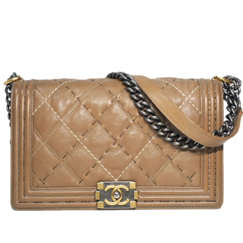 Chanel 21122011 Beige Stitched Quilted Le Boy Flap Calfskin "NEW MEDIUM" Ruthenium/ Brass Gold 2-tone Hardware