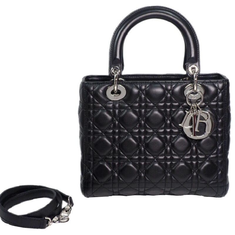 Dior MEDIUM Lady Dior Signature Classic Black Lambskin Silver Hardware
