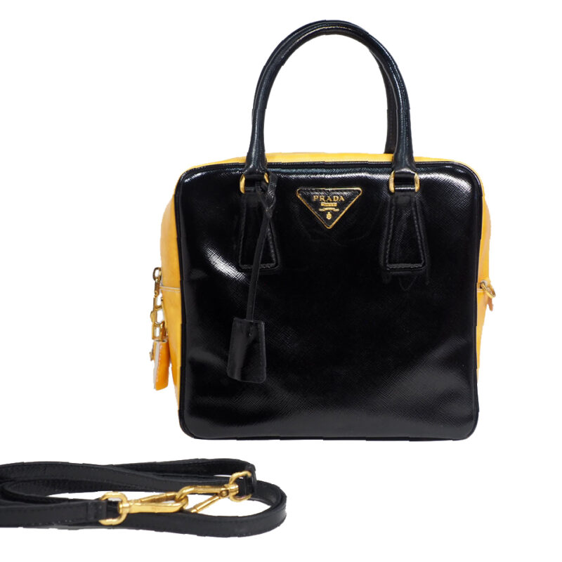 Prada BL0864 Black/ Yellow Patent Vernice Leather Bauletto Shoulder Bag