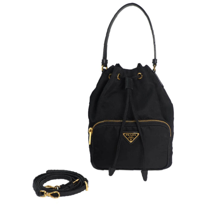 Prada 1BH038 Black Tessuto/ Fabric Drawstring Bondoliera Bucket Shoulder/ Crossbody Bag (158C)