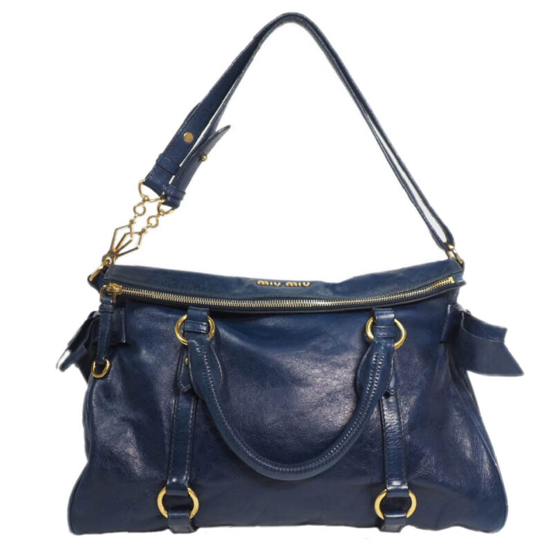 Miu Miu Blue Mughetto Distressed Vitello Lux Medium Bow Bag with Strap GHW