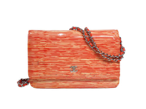 Chanel 18753927 Limited Edition Orange/ Striped Patent Leather WALLET ON CHAIN