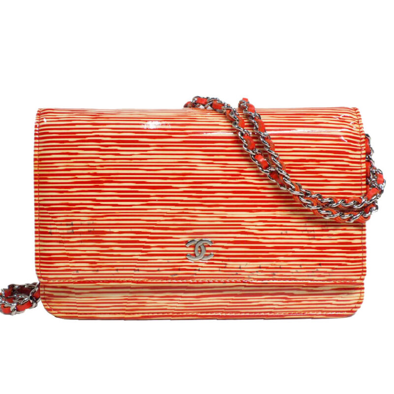 Chanel 18753927 Limited Edition Orange/ Striped Patent Leather WALLET ON CHAIN