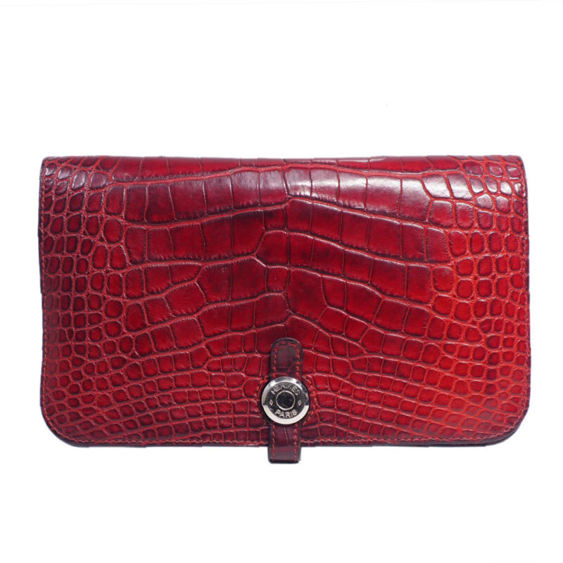 Hermes Crocodile H Stamp Red/ Rouge H Matt Alligator Dogon Wallet