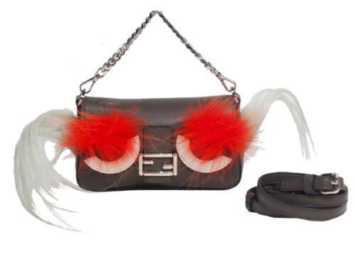 Fendi Dark Grey Lambskin Fox Fur Monster Micro Baguette Crossbody Bag/ Bag Charm