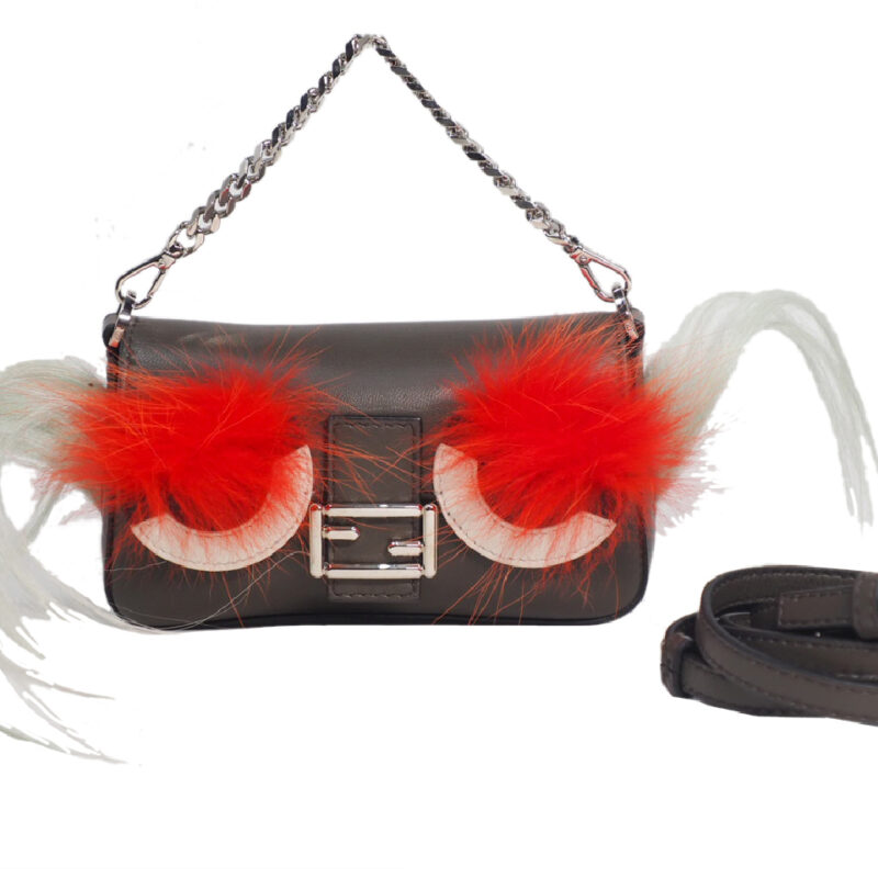 Fendi Dark Grey Lambskin Fox Fur Monster Micro Baguette Crossbody Bag/ Bag Charm