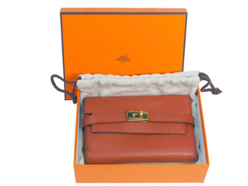 Hermes Brick Red/ Brown Chevre Mysore Kelly Compact Wallet Gold Hardware