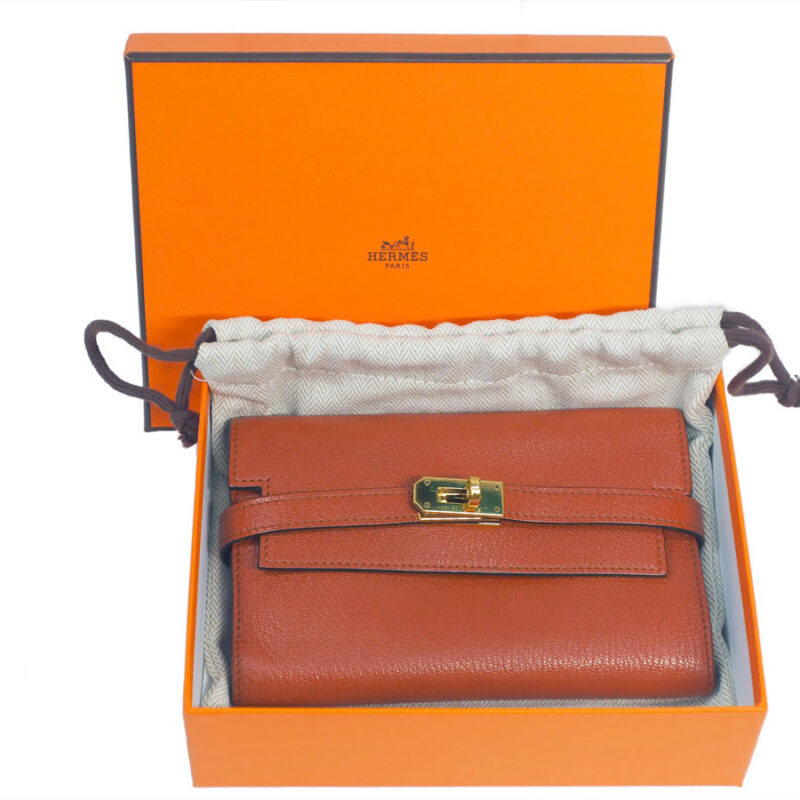 Hermes Brick Red/ Brown Chevre Mysore Kelly Compact Wallet Gold Hardware