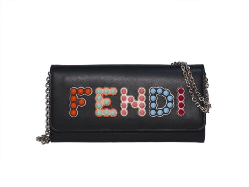 Fendi 8M0365 Black Calf Leather Logo Multifunction Wallet on Chain in Multicolour Studded