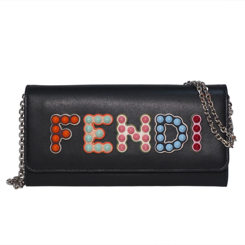 Fendi 8M0365 Black Calf Leather Logo Multifunction Wallet on Chain in Multicolour Studded