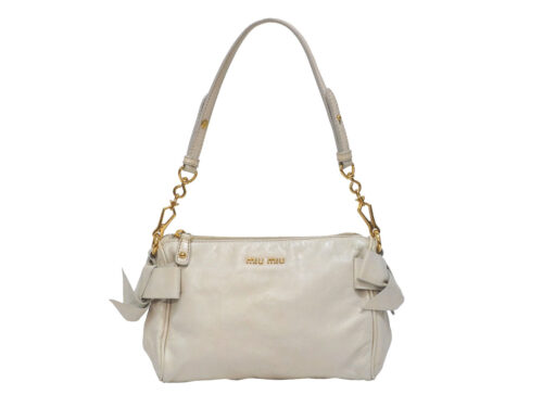Miu Miu 5N1557 Light Beige/ Off White Vitello Lux Ribbon Motif/ Bow Accessories Pouch
