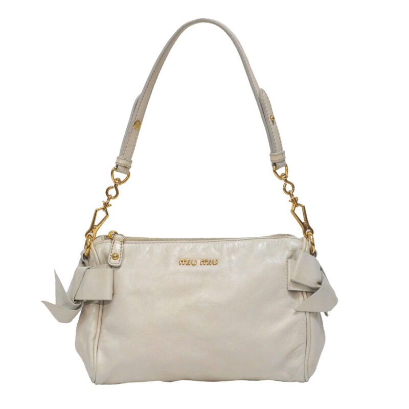 Miu Miu 5N1557 Light Beige/ Off White Vitello Lux Ribbon Motif/ Bow Accessories Pouch