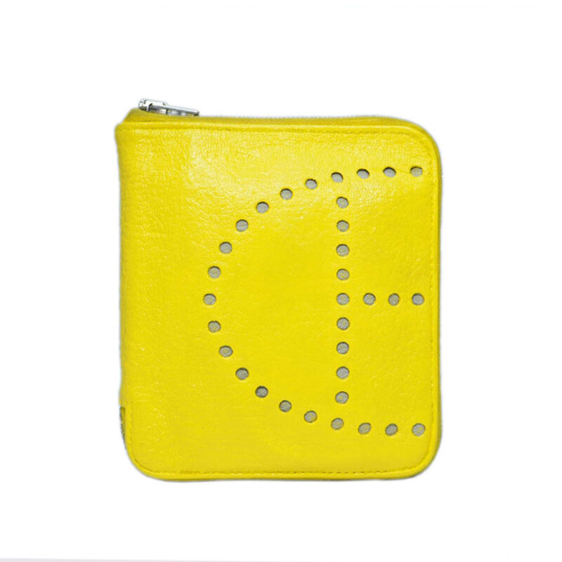 Hermes Evelyne H Dots Mysore Lime Yellow / Grey Round Zip Bi-fold Compact Wallet