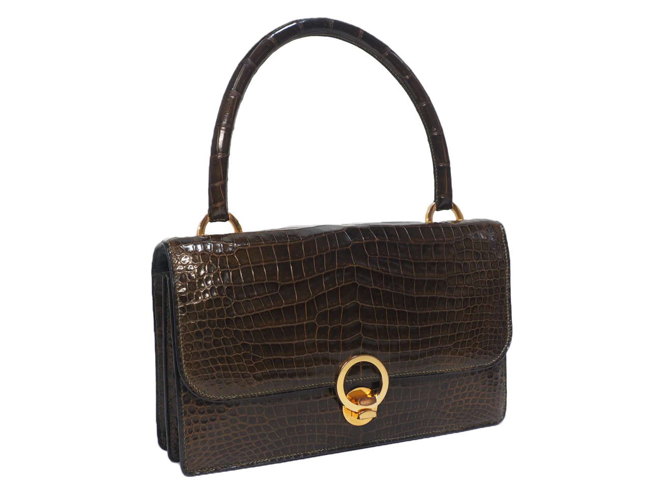 Hermes Crocodile Brown Shiny Alligator Sac Ring Gold Hardware Tote Bag (.21) Exotic leathers - Image 3