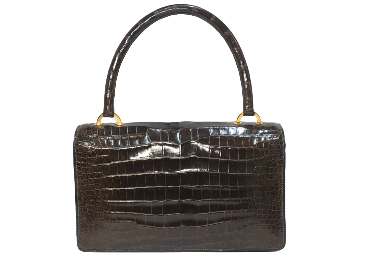 Hermes Crocodile Brown Shiny Alligator Sac Ring Gold Hardware Tote Bag (.21) Exotic leathers - Image 2