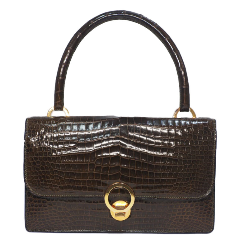 Hermes Crocodile Brown Shiny Alligator Sac Ring Gold Hardware Tote Bag  (.21) Exotic leathers