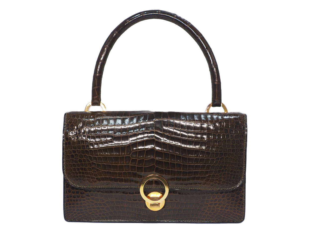 Hermes Crocodile Brown Shiny Alligator Sac Ring Gold Hardware Tote Bag (.21) Exotic leathers