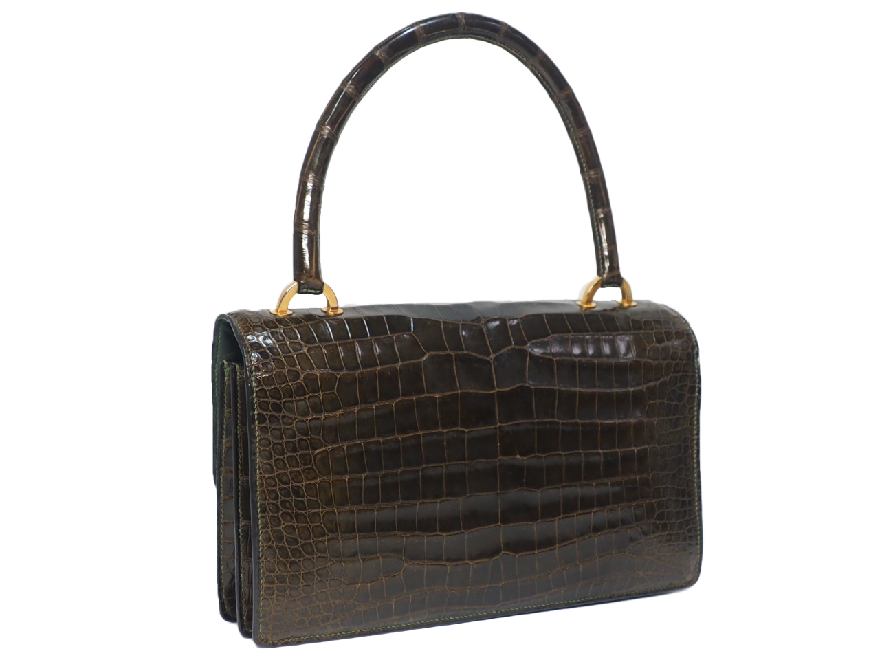 Hermes Crocodile Brown Shiny Alligator Sac Ring Gold Hardware Tote Bag (.21) Exotic leathers - Image 4