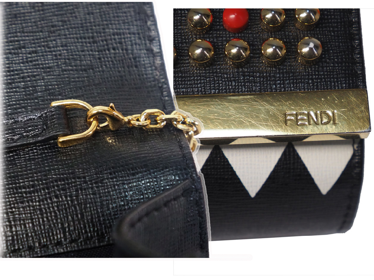 Fendi 8M0322 Studded Monster Black Calf Leather Multifunction Wallet on Chain Gold Hardware - Image 9