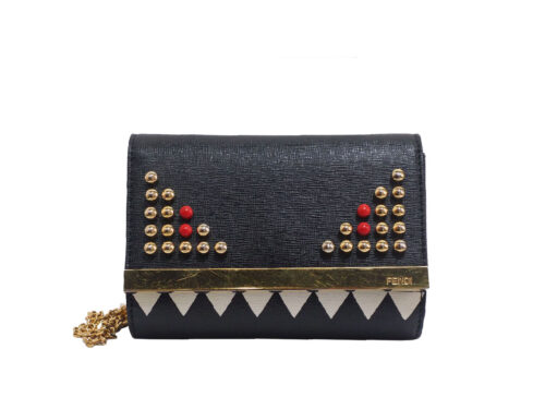 Fendi 8M0322 Studded Monster Black Calf Leather Multifunction Wallet on Chain Gold Hardware