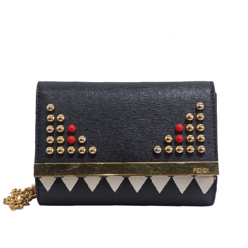 Fendi 8M0322 Studded Monster Black Calf Leather Multifunction Wallet on Chain Gold Hardware