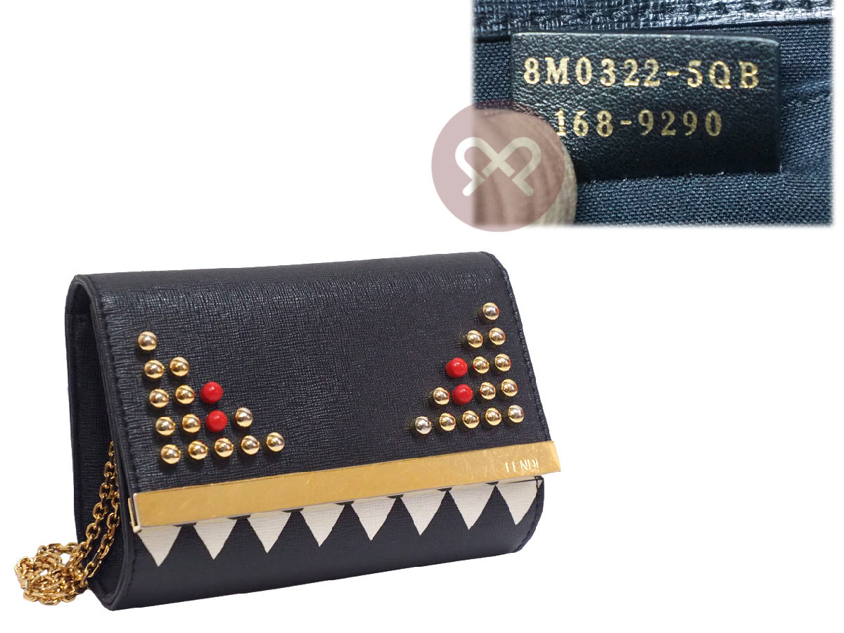 Fendi 8M0322 Studded Monster Black Calf Leather Multifunction Wallet on Chain Gold Hardware - Image 2