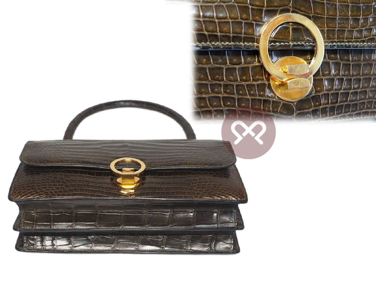 Hermes Crocodile Brown Shiny Alligator Sac Ring Gold Hardware Tote Bag (.21) Exotic leathers - Image 5