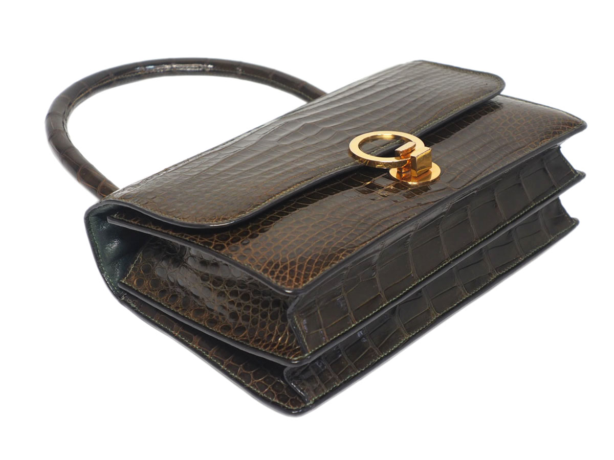 Hermes Crocodile Brown Shiny Alligator Sac Ring Gold Hardware Tote Bag (.21) Exotic leathers - Image 6