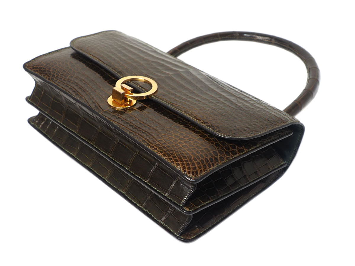 Hermes Crocodile Brown Shiny Alligator Sac Ring Gold Hardware Tote Bag (.21) Exotic leathers - Image 7