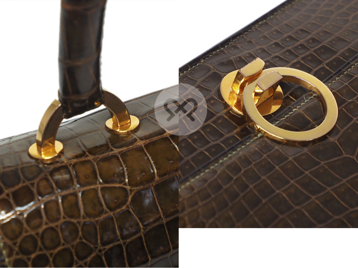 Hermes Crocodile Brown Shiny Alligator Sac Ring Gold Hardware Tote Bag (.21) Exotic leathers - Image 8