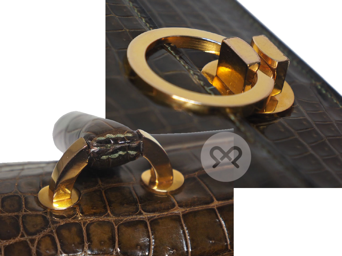 Hermes Crocodile Brown Shiny Alligator Sac Ring Gold Hardware Tote Bag (.21) Exotic leathers - Image 9