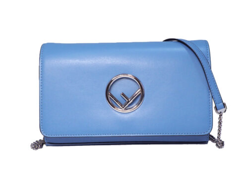 Fendi Baby Blue Calf Leather F is Wallet on Chain Silver Hardware