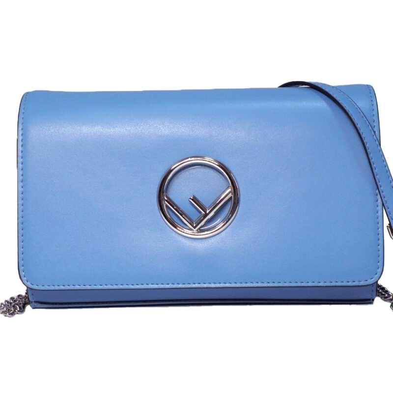 Fendi Baby Blue Calf Leather F is Wallet on Chain Silver Hardware