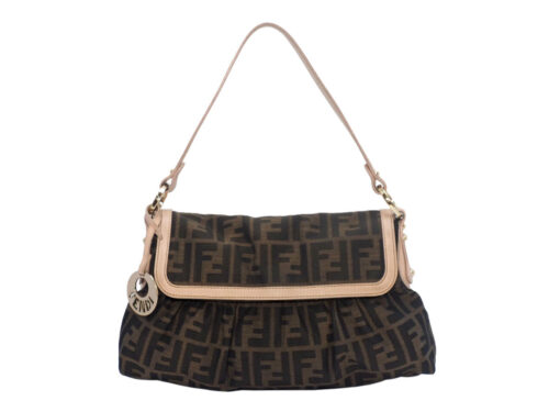 Fendi 8BR445 Brown FF Zucca Logo Flap Hobo Chef bag with Pink Trim