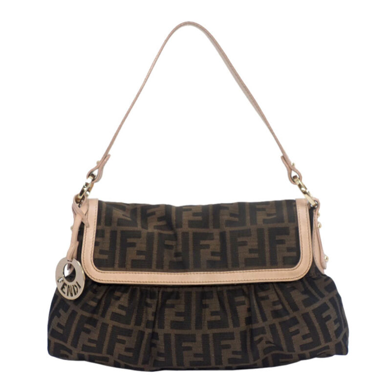 Fendi 8BR445 Brown FF Zucca Logo Flap Hobo Chef bag with Pink Trim