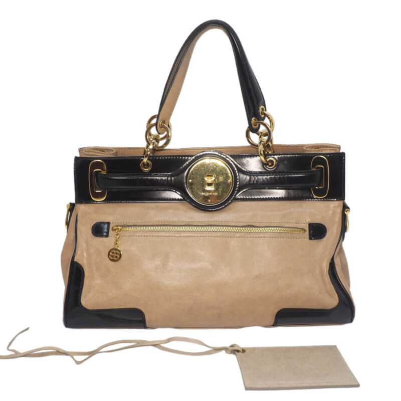 Balenciaga 218800 Beige Age Leather / Black Patent Frame Gold Hardware Lune Tote Handbag