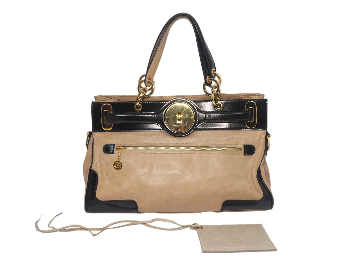 Balenciaga 218800 Beige Age Leather / Black Patent Frame Gold Hardware Lune Tote Handbag