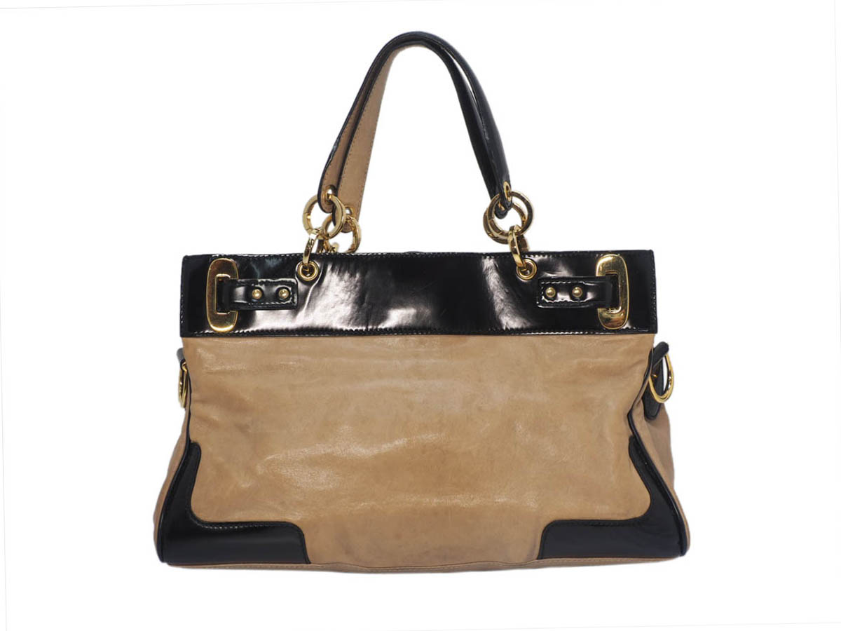 Balenciaga 218800 Beige Age Leather / Black Patent Frame Gold Hardware Lune Tote Handbag - Image 3
