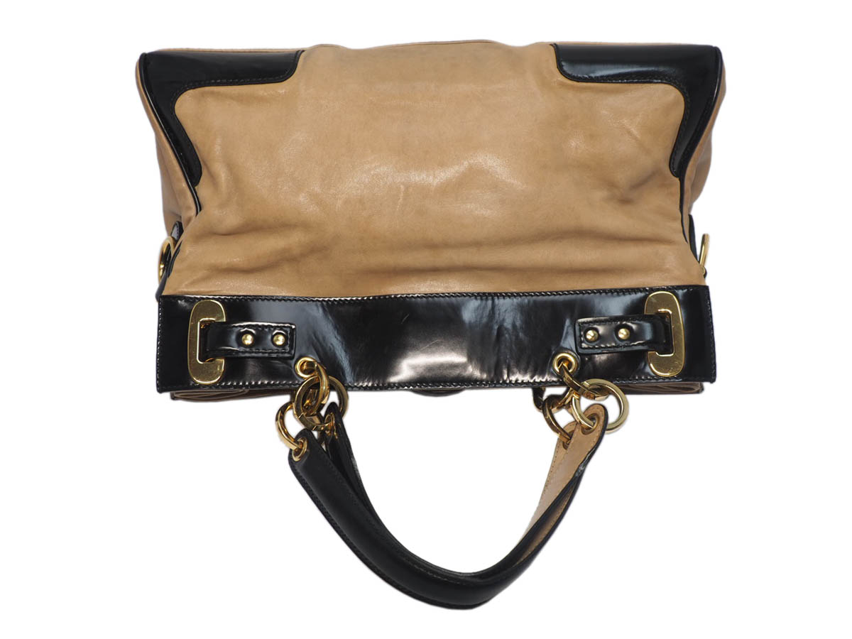 Balenciaga 218800 Beige Age Leather / Black Patent Frame Gold Hardware Lune Tote Handbag - Image 8