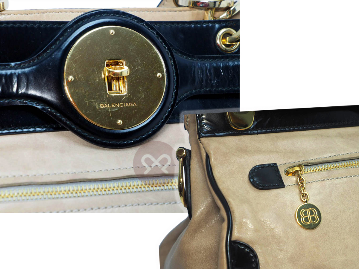 Balenciaga 218800 Beige Age Leather / Black Patent Frame Gold Hardware Lune Tote Handbag - Image 9