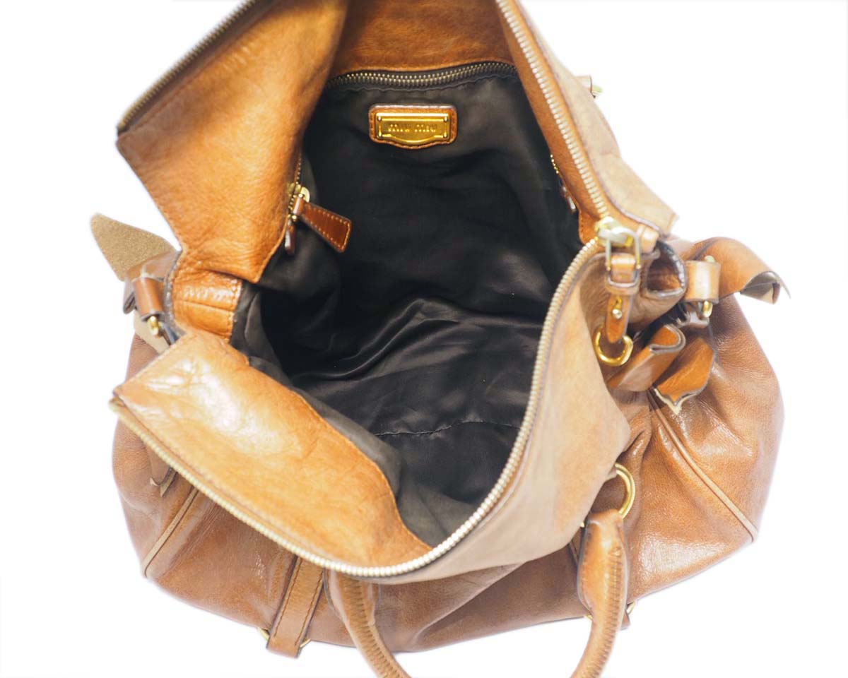 Miu Miu Brown Mughetto Distressed Vitello Lux Medium Bow Bag with Strap GHW - Image 10