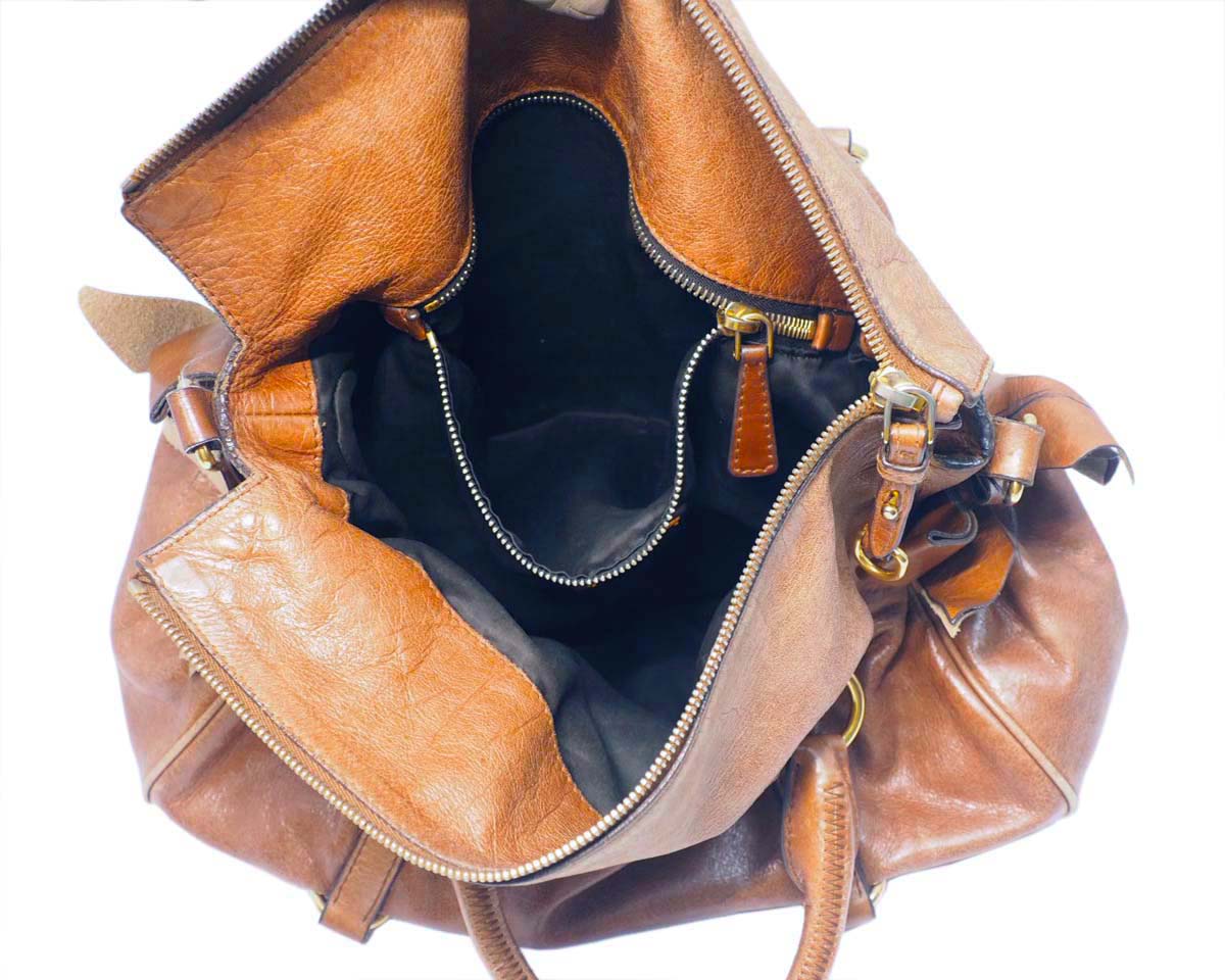 Miu Miu Brown Mughetto Distressed Vitello Lux Medium Bow Bag with Strap GHW - Image 11