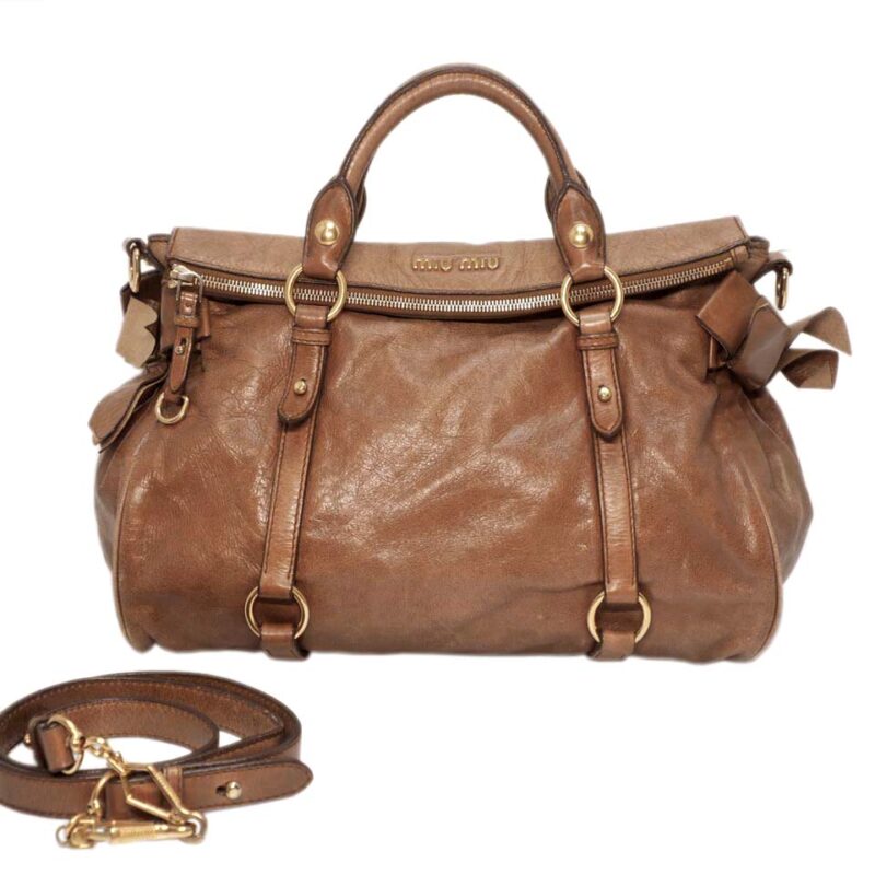 Miu Miu Brown Mughetto Distressed Vitello Lux Medium Bow Bag with Strap GHW