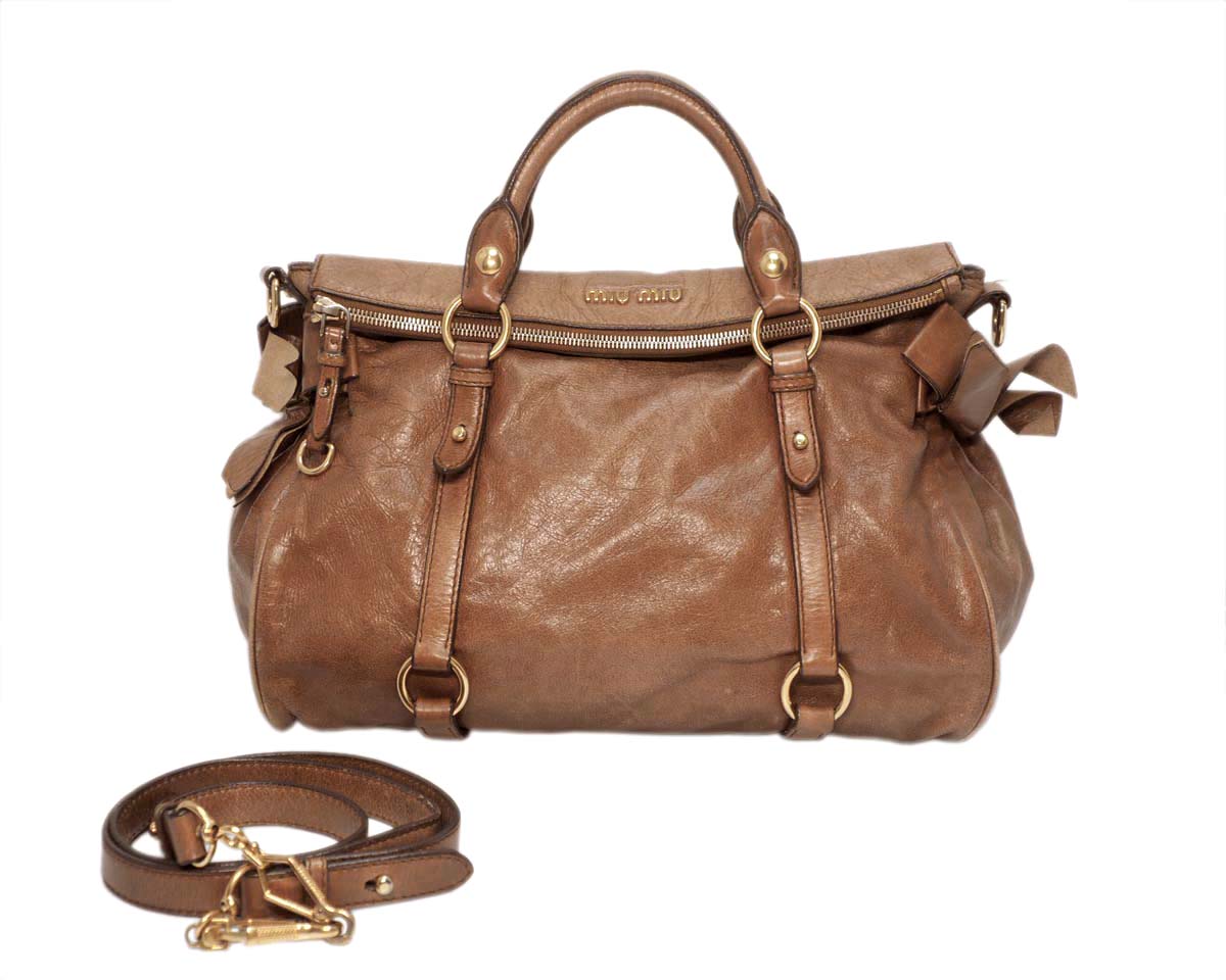 Miu Miu Brown Mughetto Distressed Vitello Lux Medium Bow Bag with Strap GHW