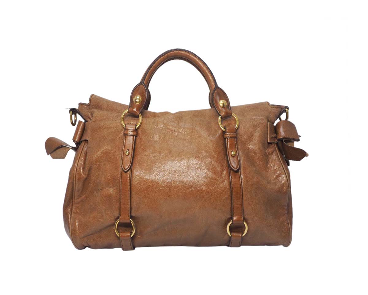 Miu Miu Brown Mughetto Distressed Vitello Lux Medium Bow Bag with Strap GHW - Image 3