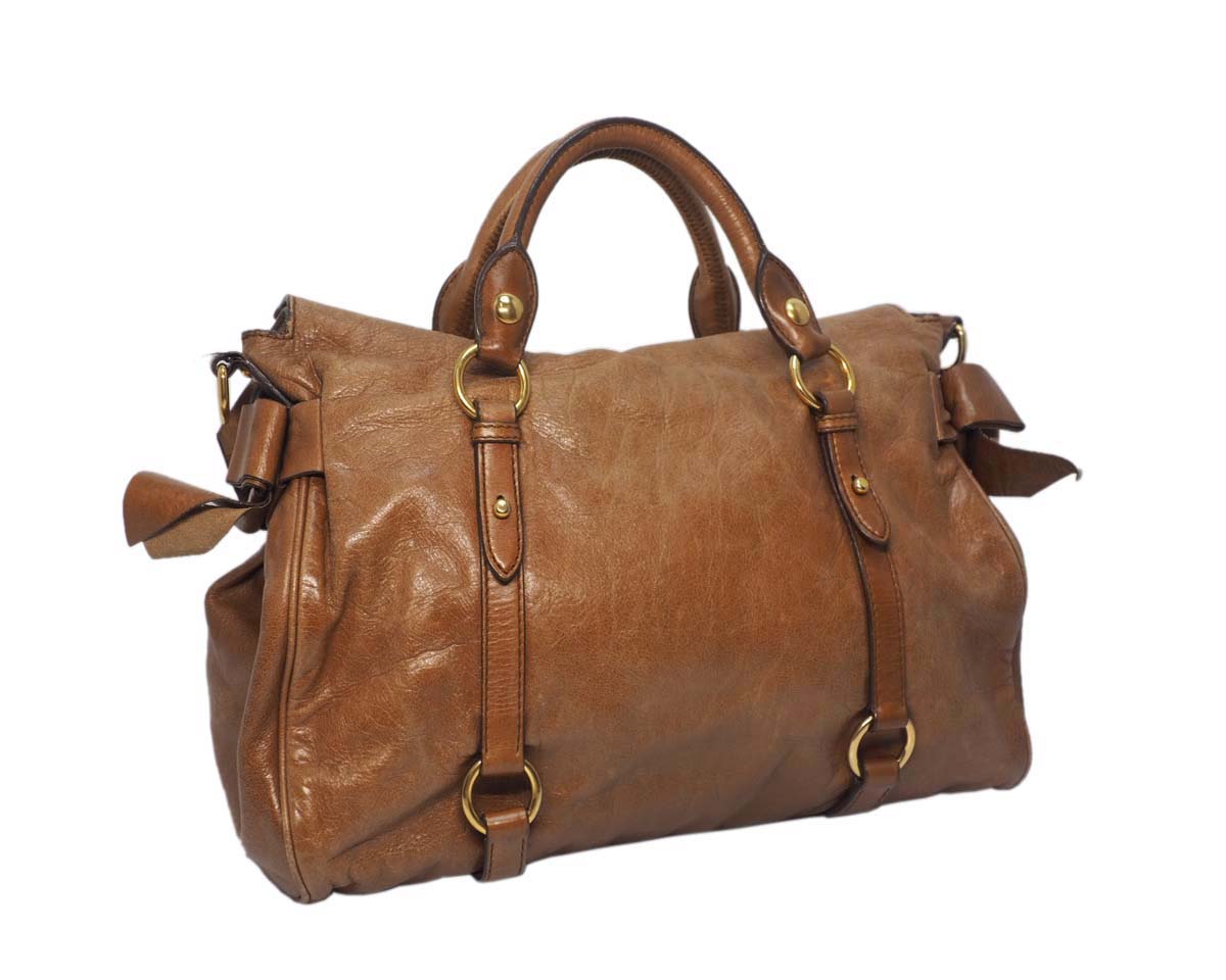 Miu Miu Brown Mughetto Distressed Vitello Lux Medium Bow Bag with Strap GHW - Image 4