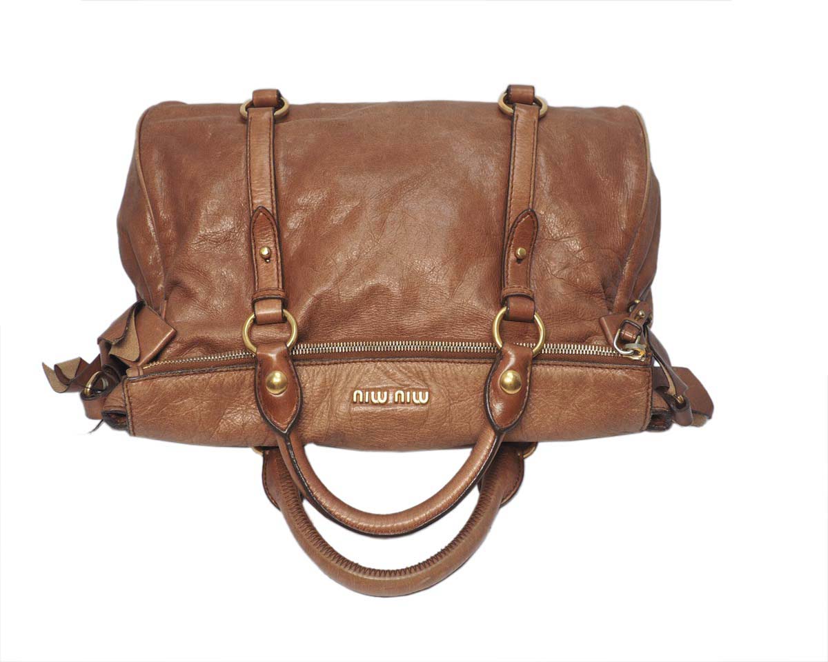 Miu Miu Brown Mughetto Distressed Vitello Lux Medium Bow Bag with Strap GHW - Image 5