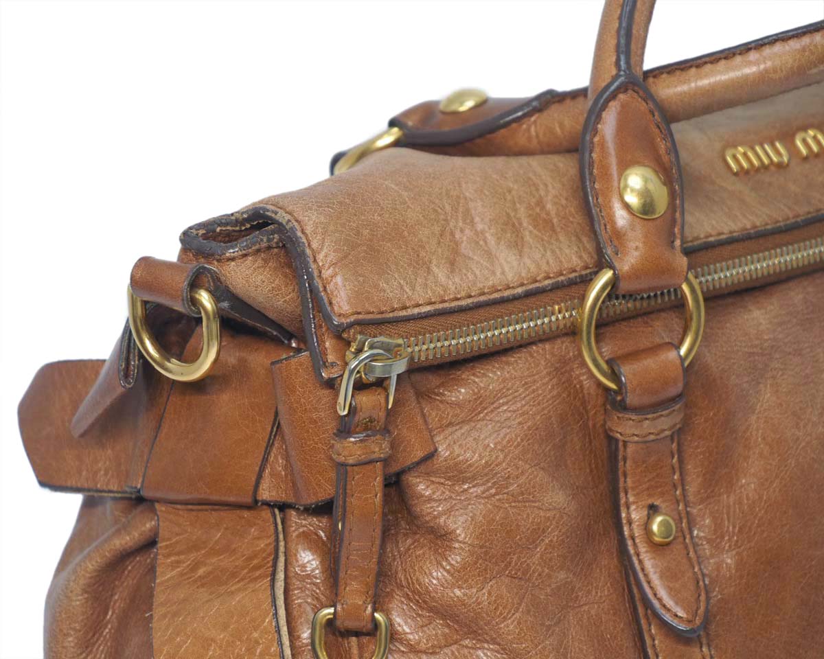 Miu Miu Brown Mughetto Distressed Vitello Lux Medium Bow Bag with Strap GHW - Image 9
