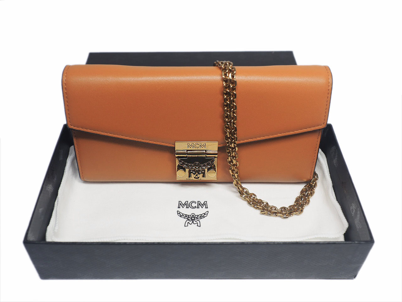 MCM Patricia Cognac Clutch Bag Wallet On The Chain CrossBody Flap Wallet